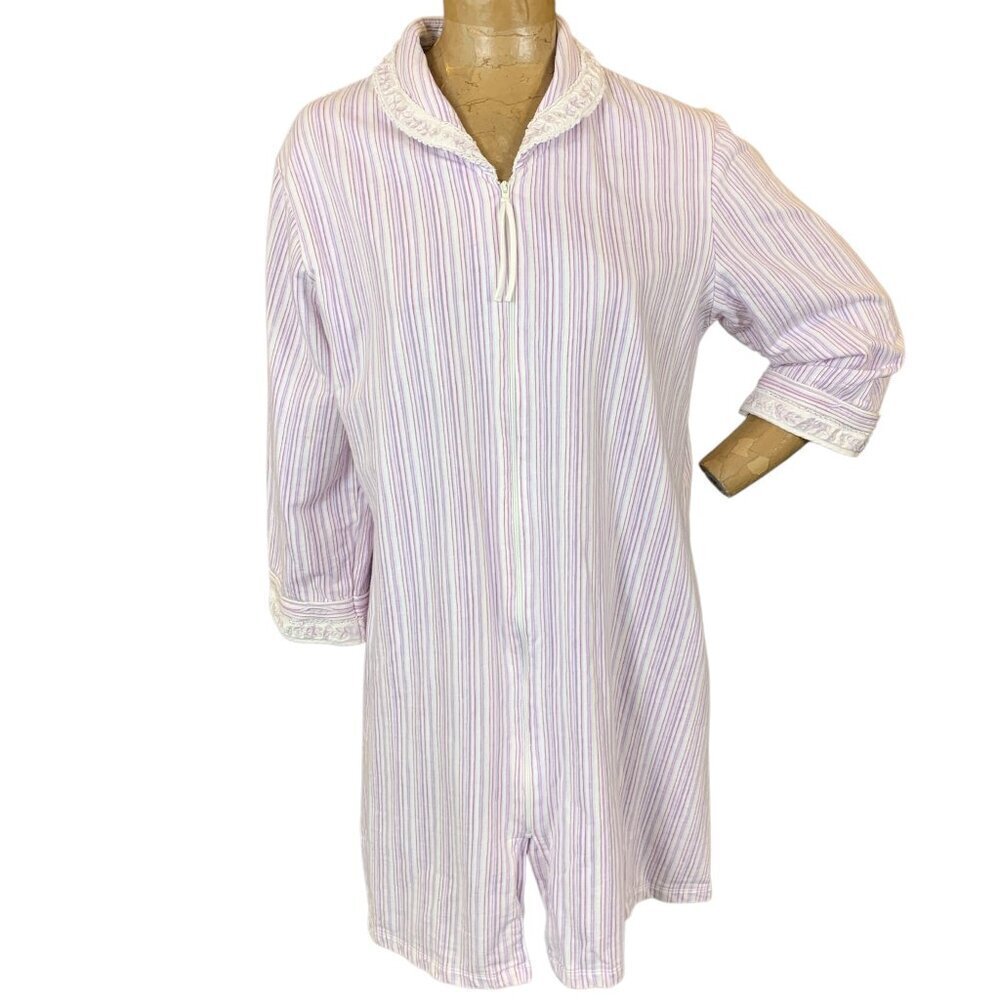 Eileen West Full Zip Cotton Robe Sz L Striped w/ Floral Ribbon Trim #331E